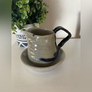 Studio Pottery Stoneware mini Blue glaze Creamer/ Pitcher with saucer